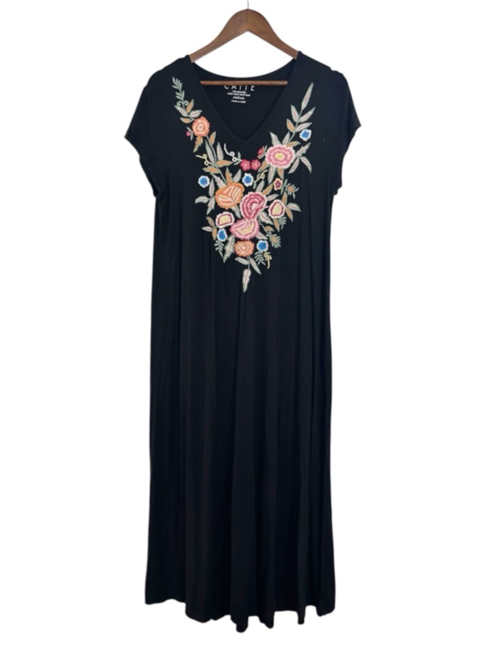 Caite Amalia Boho Embroidered Floral Black Knit Maxi Dress Size M